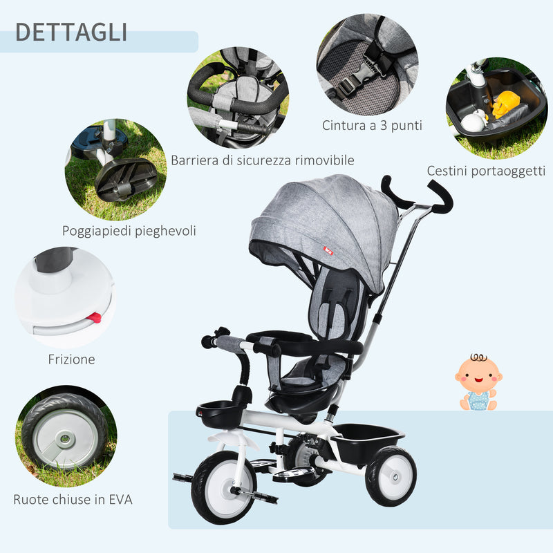 Passeggino Triciclo 100x48x106 cm con Sedile Girevole 360° Grigio