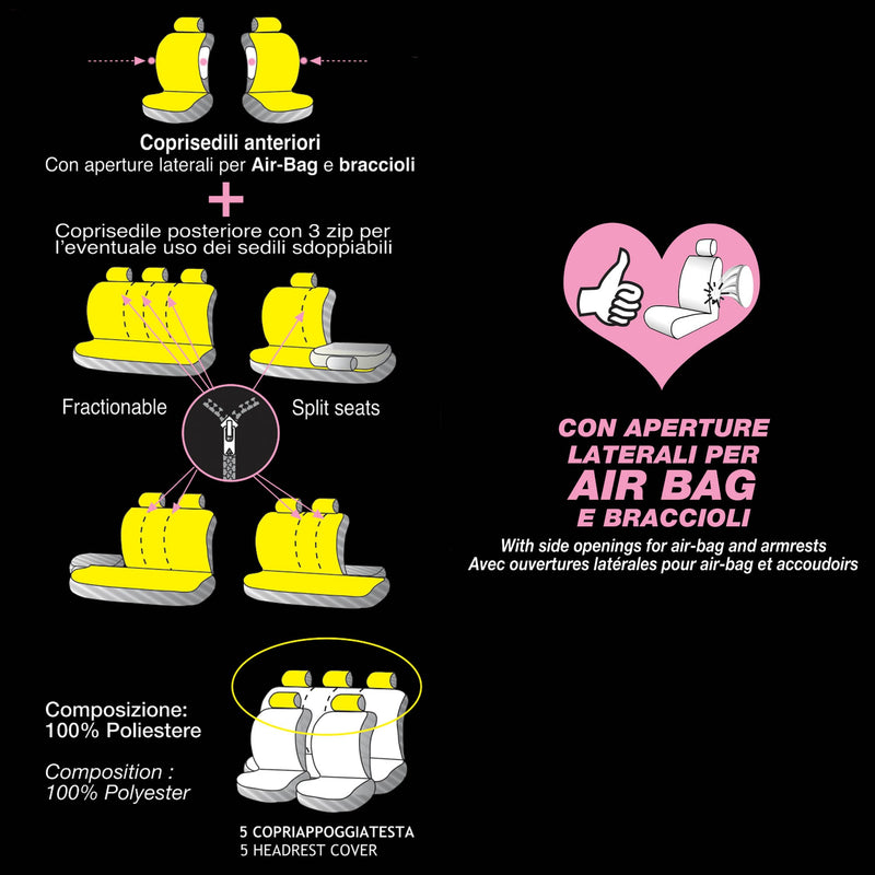 Set Coprisedili Anteriori e Posteriori Universali in Poliestere e Spugna Spring Flowers Grigi