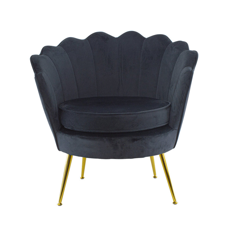 Poltrona Imbottita Schienale a Conchiglia in Velluto Piedi Oro Nero
