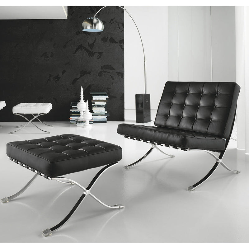 Set Poltrona e Pouf Barcelona in Acciaio Cromato Rivestimento in Similpelle Nero