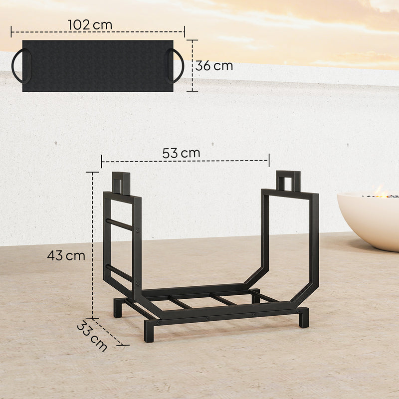 Porta Legna da Interno Esterno in Metallo con Borsa Oxford 53x33x43 cm Nero      