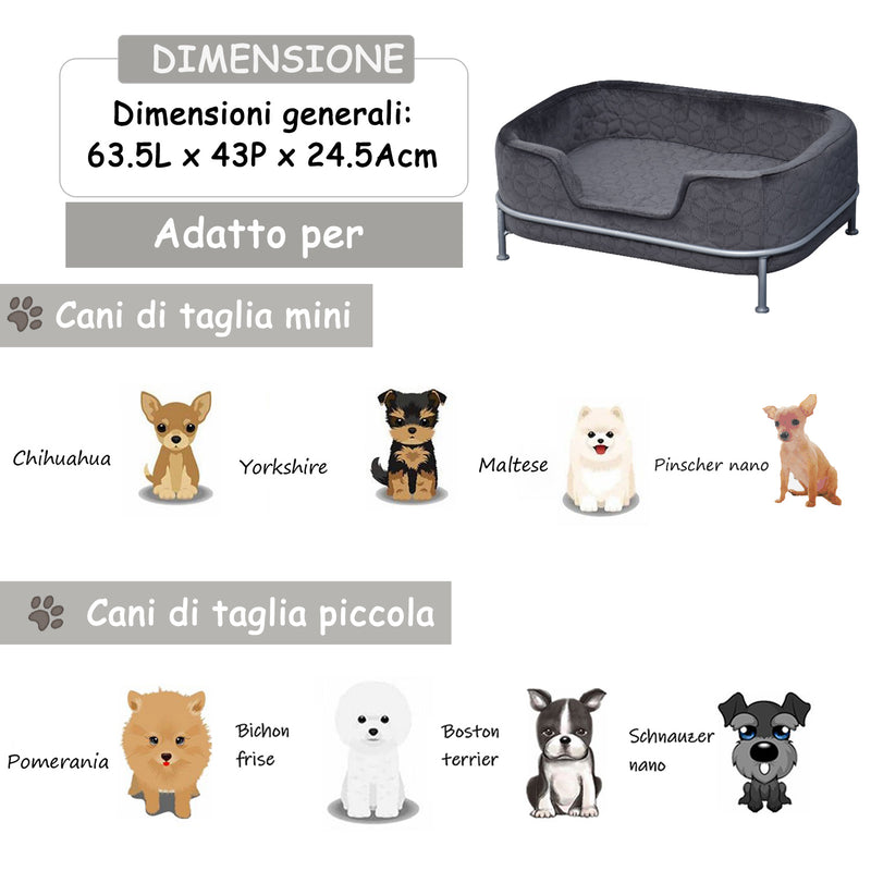 Divano per Cani e Gatti Imbottito 63,5x43x24,5 cm in Velluto con Base in Metallo Grigio Scuro
