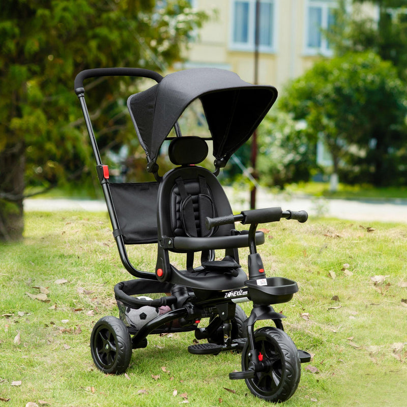 Passeggino Triciclo  con Sedile Girevole 360° Tettuccio e Barra Rimovibili Nero