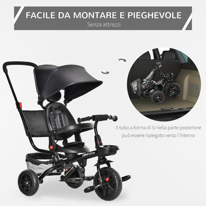 Passeggino Triciclo  con Sedile Girevole 360° Tettuccio e Barra Rimovibili Nero
