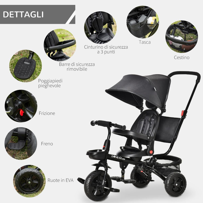 Passeggino Triciclo  con Sedile Girevole 360° Tettuccio e Barra Rimovibili Nero