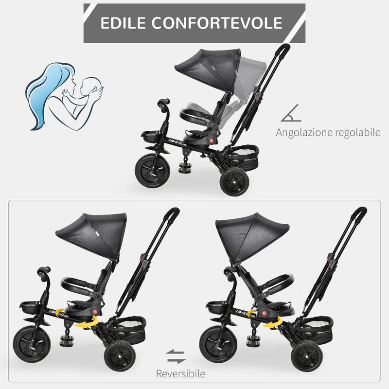 Passeggino Triciclo  con Sedile Girevole 360° Tettuccio e Barra Rimovibili Nero