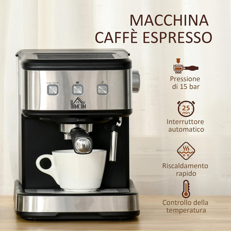 Macchina da Caffè e Cappuccino 850W 15 Bar 35.5x21x29 cm Nero e Argento