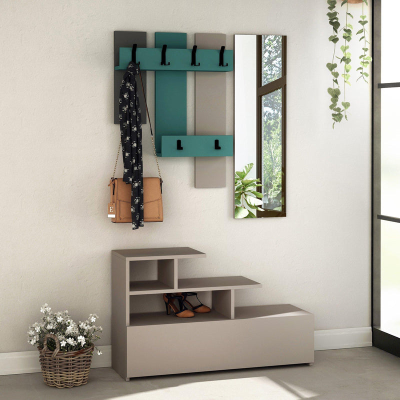 Mobile Ingresso 3 in 1 con Scarpiera Appendiabiti e Specchio Grigio e Turchese