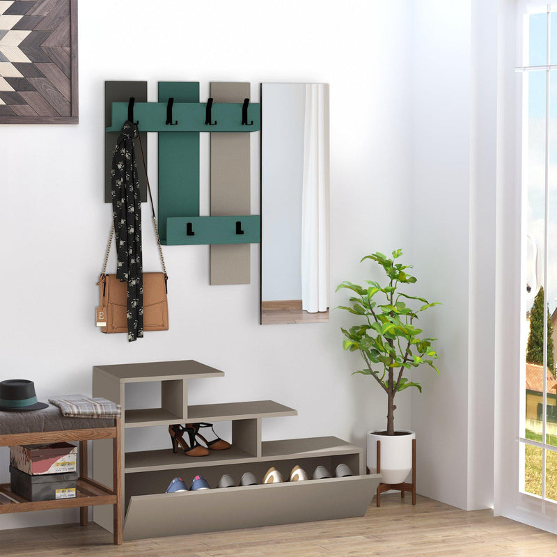 Mobile Ingresso 3 in 1 con Scarpiera Appendiabiti e Specchio Grigio e Turchese