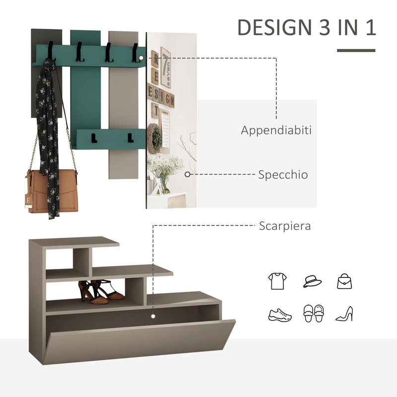 Mobile Ingresso 3 in 1 con Scarpiera Appendiabiti e Specchio Grigio e Turchese
