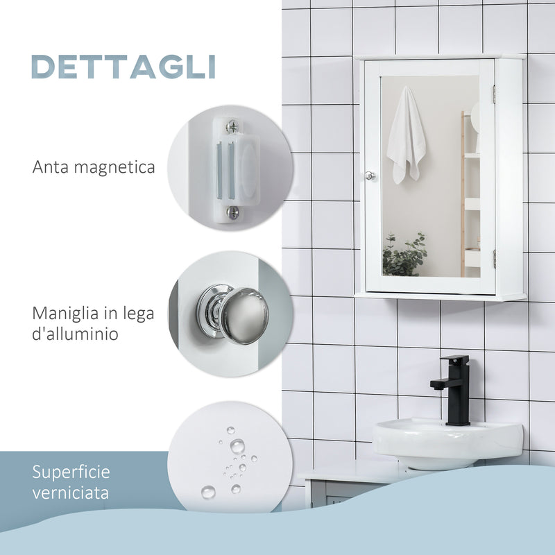 Pensile da Bagno 1 Anta Specchio 41x14x60 cm a Chiusura Magnetica Bianco