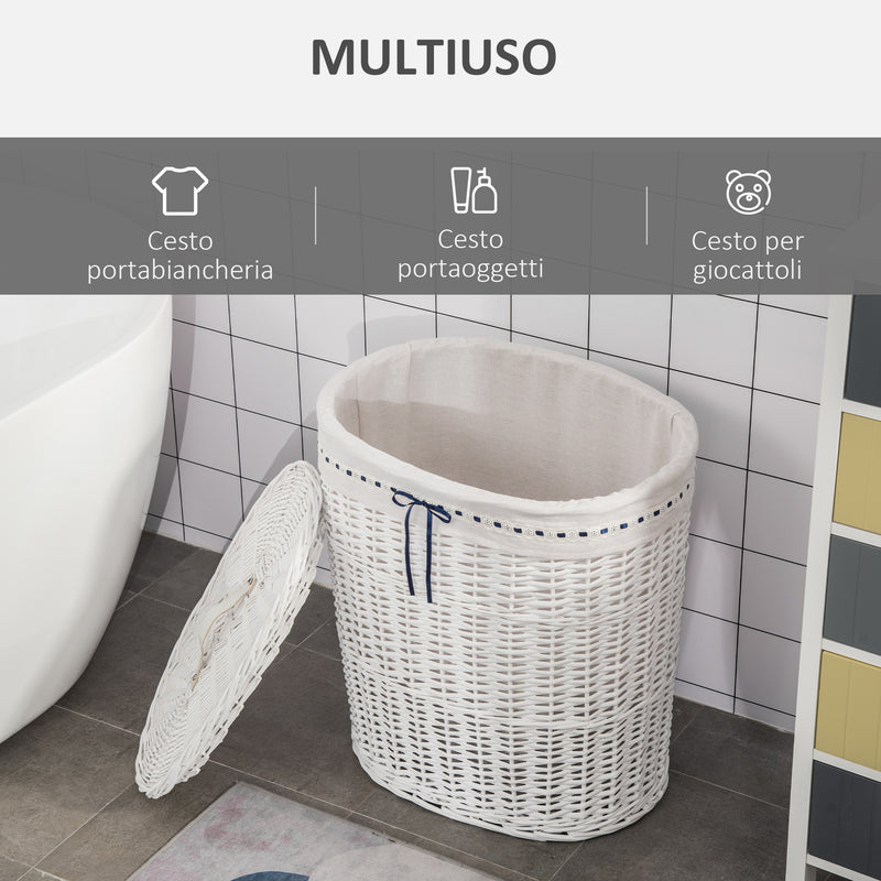 Cesto Portabiancheria 51x38x57 cm in Vimini con Coperchio e Sacco Interno Bianco