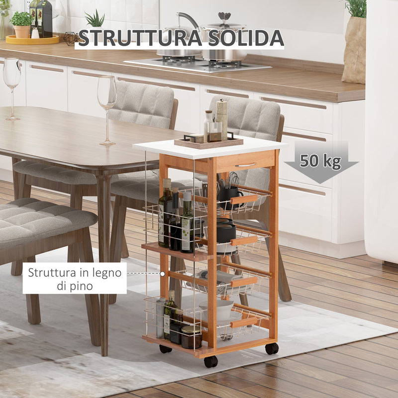 Carrello da Cucina 1 Cassetto 4 Cestelli 47x37x83 cm in Legno Marrone