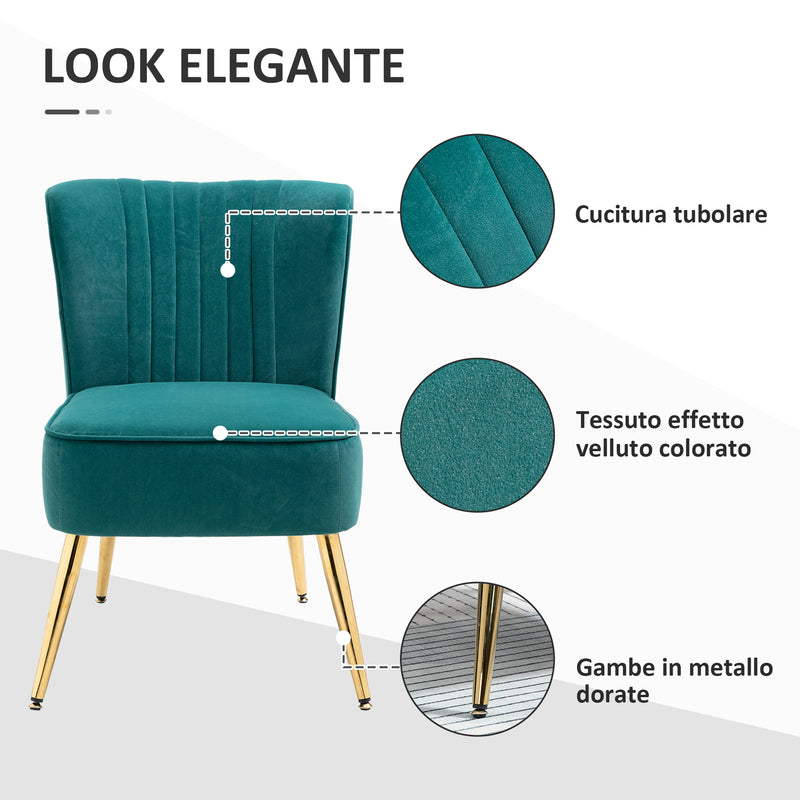 Poltrona Moderna Imbottita 56x65,5x82,5 cm in Tessuto Vellutato Verde
