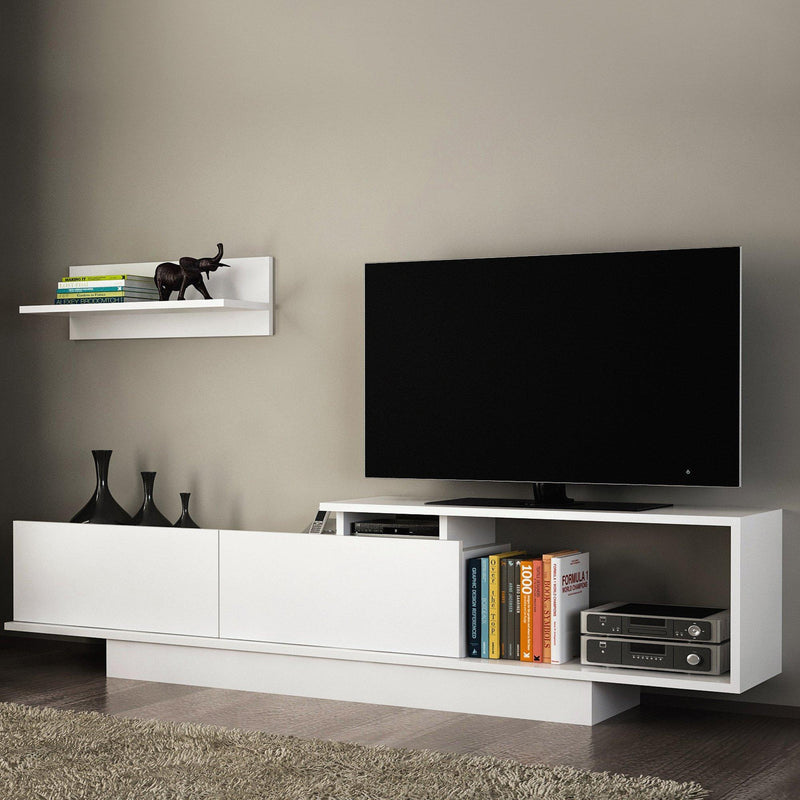 Mobile Porta TV 180x29,6x45 cm con Armadietti e Mensola da Appendere in Legno Bianco