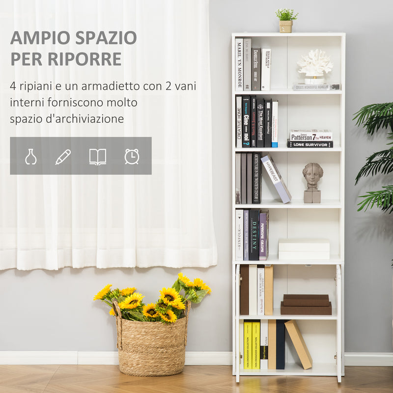 Libreria Moderna 4 Ripiani 59x29x180 cm con Armadietto a 2 Ante in Legno Bianco