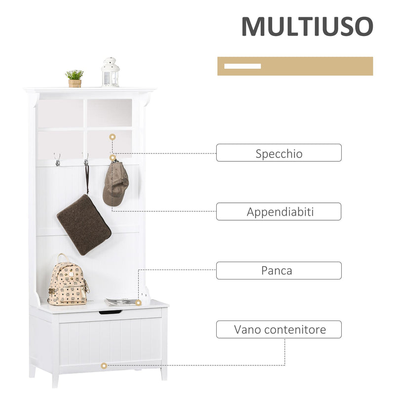 Mobile Ingresso 3 in 1 con Cassapanca Mensola e Specchi Bianco