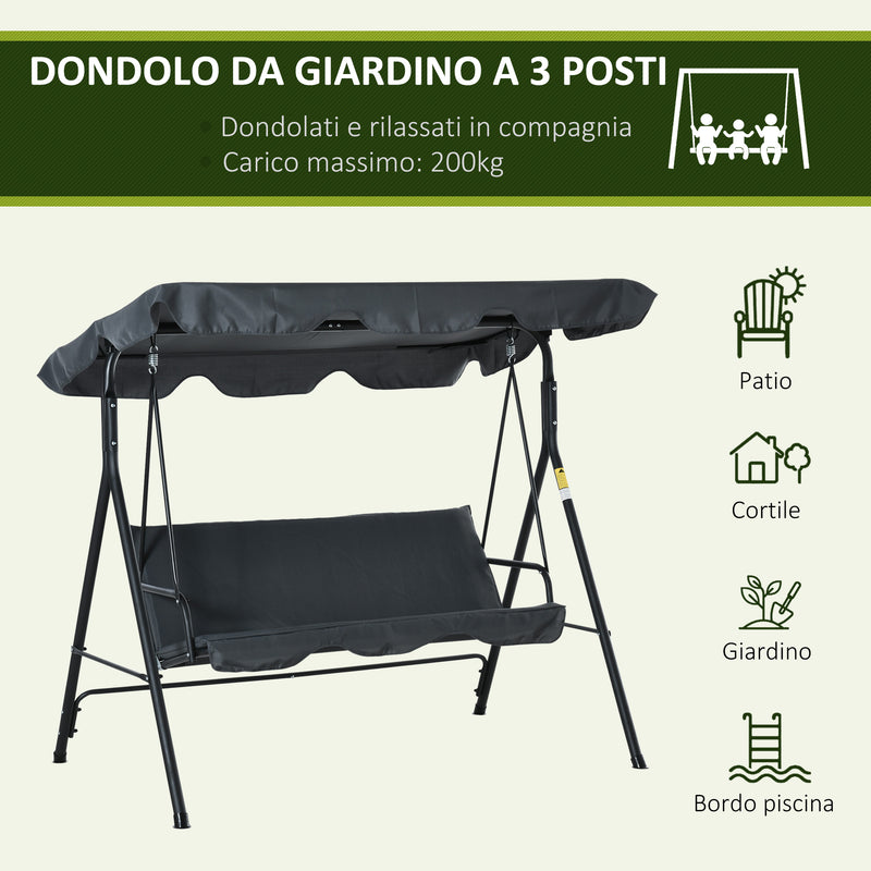 Dondolo da Giardino 3 Posti 172x120x153 cm con Tettuccio Parasole Regolabile e Cuscini Grigio