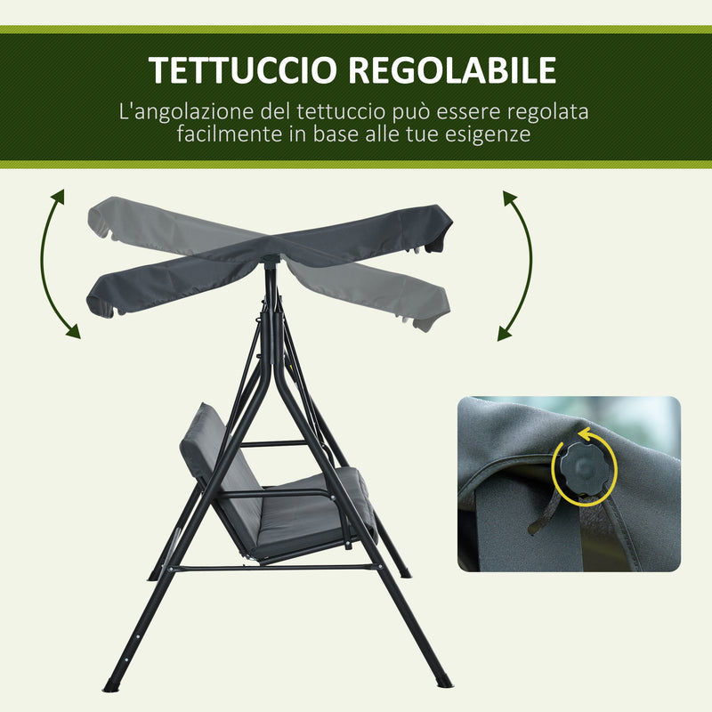 Dondolo da Giardino 3 Posti 172x120x153 cm con Tettuccio Parasole Regolabile e Cuscini Grigio