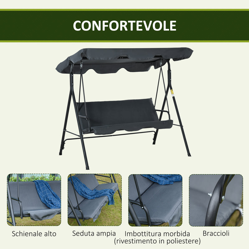 Dondolo da Giardino 3 Posti 172x120x153 cm con Tettuccio Parasole Regolabile e Cuscini Grigio