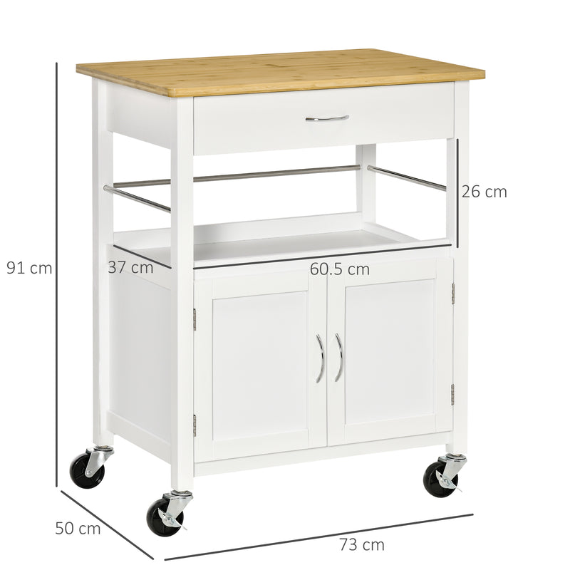 Carrello da Cucina 1 Cassetto 2 Ante con Ruote 73x50x91 cm Piano in Bambù Bianco