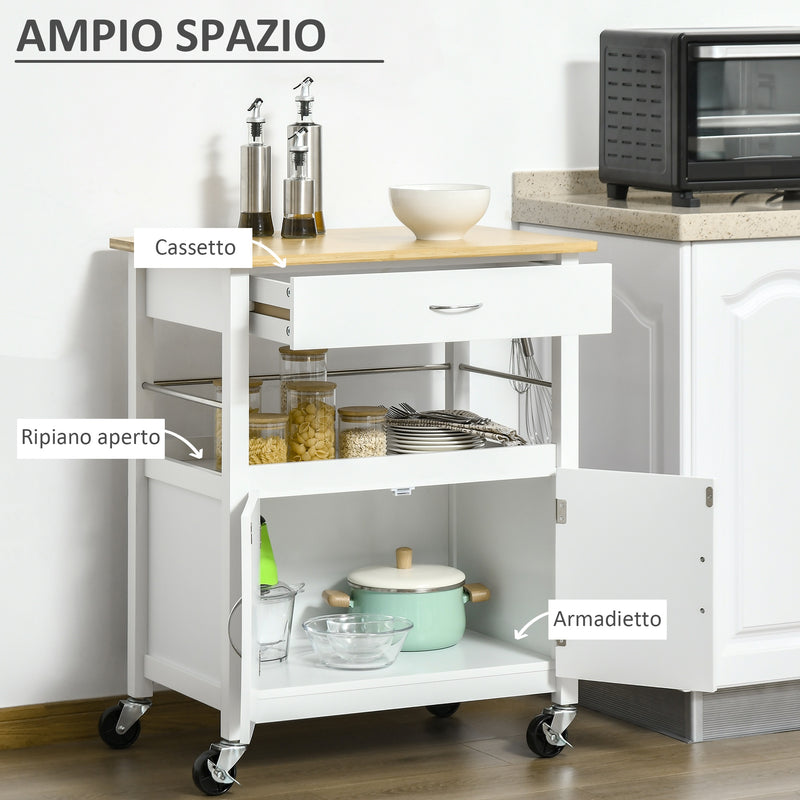 Carrello da Cucina 1 Cassetto 2 Ante con Ruote 73x50x91 cm Piano in Bambù Bianco