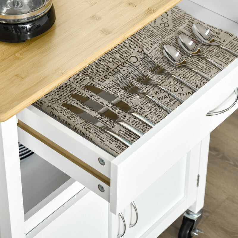 Carrello da Cucina 1 Cassetto 2 Ante con Ruote 73x50x91 cm Piano in Bambù Bianco