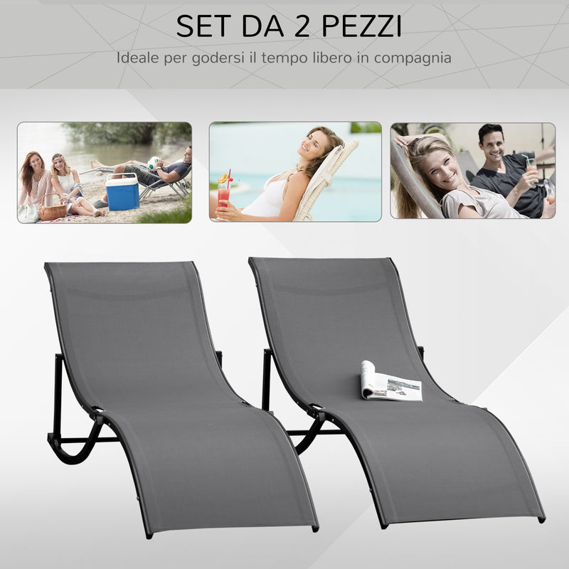 Set 2 Lettini Prendisole Pieghevoli 61x165x63 cm in Alluminio e Textilene Nero e Grigio Scuro