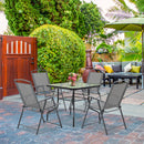 Set Tavolo e 4 Sedie Pieghevoli da Giardino in Acciaio Piano in Vetro e Sedute in Tessuto Nero