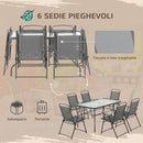 Set Tavolo e 6 Sedie Pieghevoli da Giardino con Ombrellone Piano in Vetro e Sedute in Tessuto Grigio