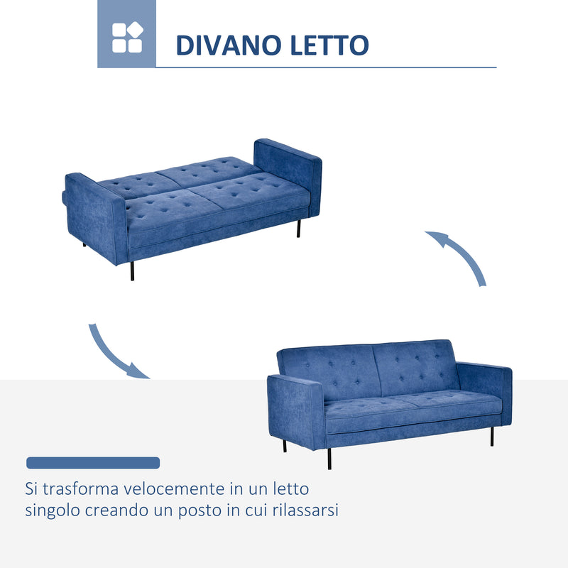 Divano Letto 3 Posti 187x91x85 cm in Tessuto Blu