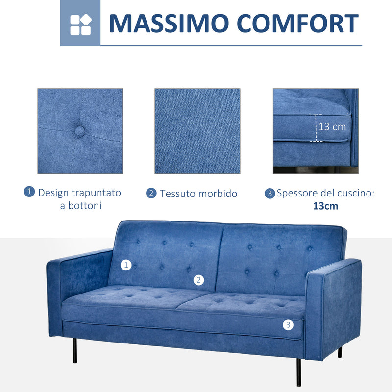 Divano Letto 3 Posti 187x91x85 cm in Tessuto Blu