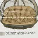 Dondolo Pensile da Giardino 2 Posti 132x126x172 cm Struttura in Acciaio Marrone