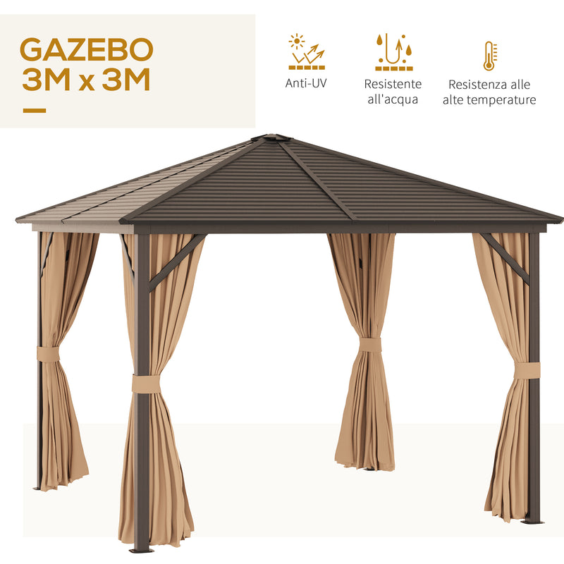Gazebo da Giardino con Zanzariera Tende Laterali e Tetto Rigido 2,98x2,98m in Alluminio Marrone