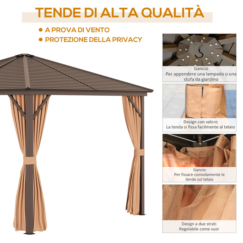 Gazebo da Giardino con Zanzariera Tende Laterali e Tetto Rigido 2,98x2,98m in Alluminio Marrone