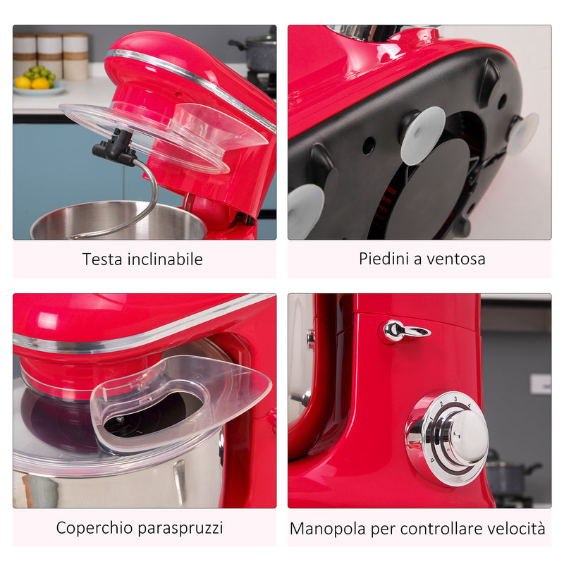 Impastatrice Planetaria 5,5 Litri 1200W Ciotola in Acciaio Inox Rossa