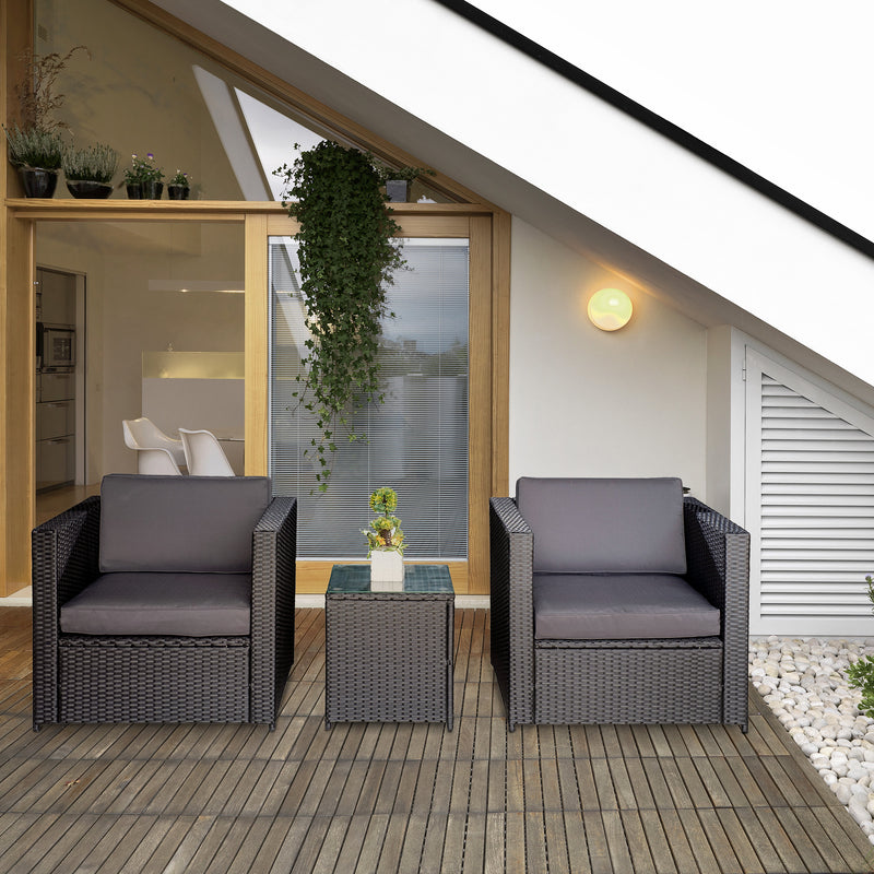 Set Salotto da Giardino 2 Poltroncine e Tavolino con Cuscini in Rattan Nero