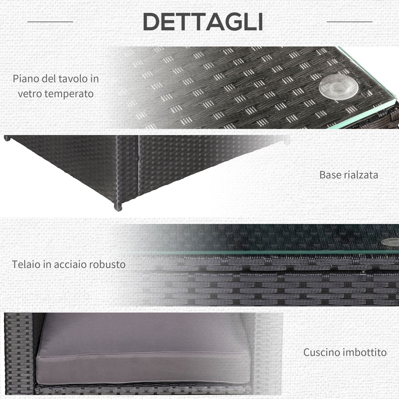 Set Salotto da Giardino 2 Poltroncine e Tavolino con Cuscini in Rattan Nero