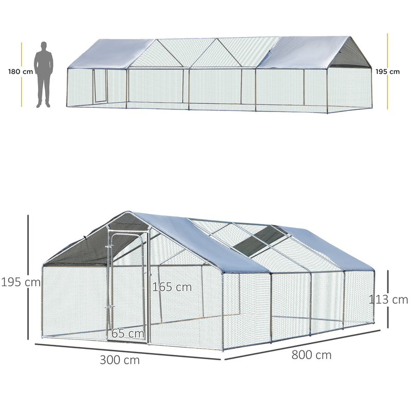 Pollaio per Galline 300x800x195 cm in Metallo Zincato con Copertura Argento
