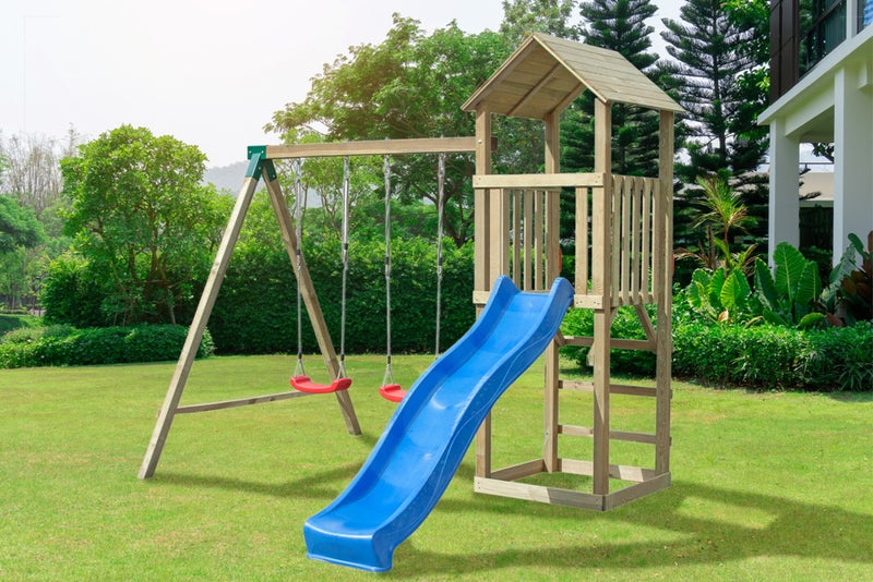 Torre con Altalenta 2 Posti e Scivolo 320x280x265 cm in Legno