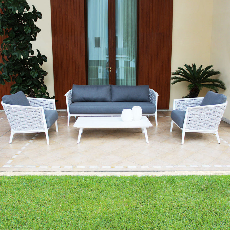 Set Salotto da Giardino Divano 2 Poltrone e Tavolino con Cuscini in Alluminio Grigio