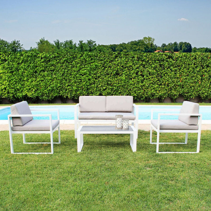 Set Salotto da Giardino Divano 2 Poltrone e Tavolino con Cuscini in Alluminio Bianco
