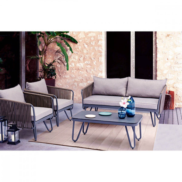 prezzo Garten-Lounge-Set, Sofa, 2 Sessel und Couchtisch mit Taubenseilkissen