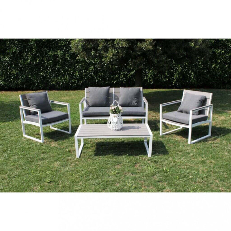 Set Salotto da Giardino Divano 2 Poltrone e Tavolino con Cuscini in Alluminio Bianco