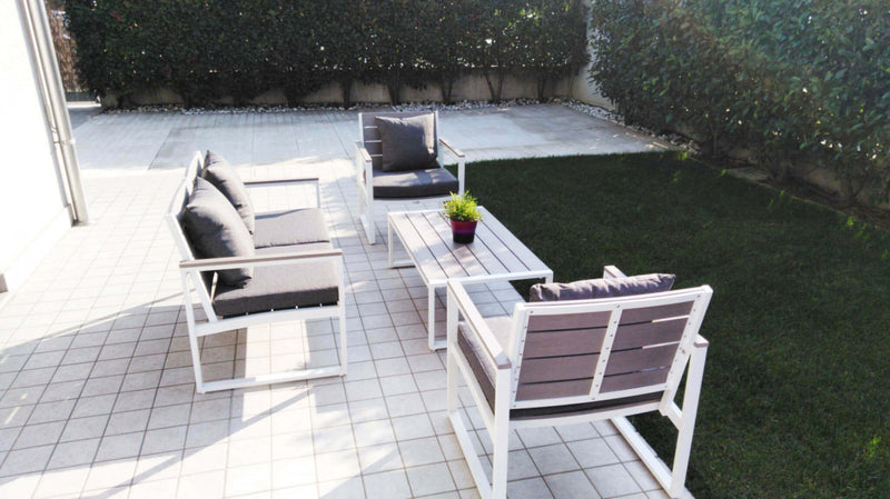 Set Salotto da Giardino Divano 2 Poltrone e Tavolino con Cuscini in Alluminio Bianco