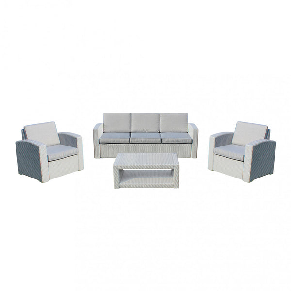 sconto Garden Lounge Set Sofa 2 Sessel und Couchtisch mit Kissen aus grauem Kunststoff