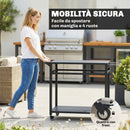 Carrello Barbecue 113x50,5x88 cm 2 Ripiani Supporto Pizza Portasacchi e Ganci in Metallo e Acciaio Nero      