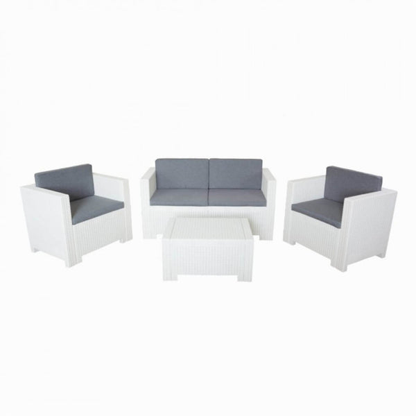 sconto Garden Lounge Set Sofa 2 Sessel und Couchtisch mit Kissen aus weißem Kunststoff