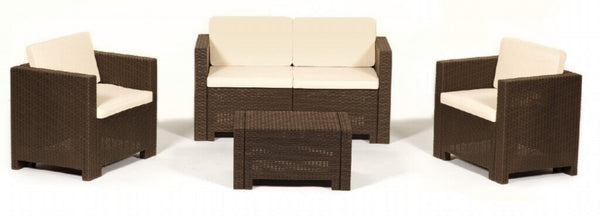 Garden Lounge Set Sofa 2 Sessel und Couchtisch mit Kissen aus braunem Polypropylen prezzo