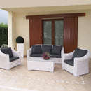 Set Salotto da Giardino Divano 2 Poltrone e Tavolino con Cuscini in Wicker Bianco